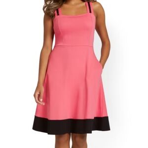 Pink and Black Colorblock Flare Dress